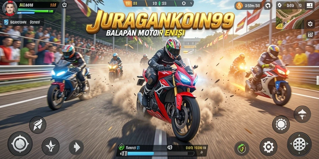 Tangkapan layar gameplay JURAGANKOIN99 menampilkan aksi balap motor yang mendebarkan.