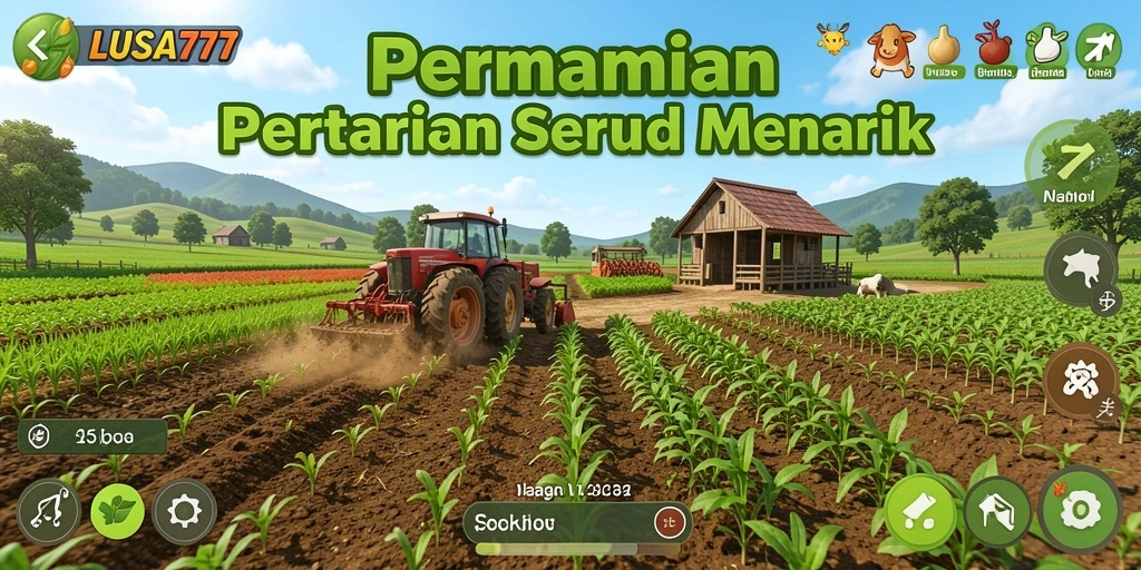 Screenshot gameplay LUSA777 menunjukkan kebun yang hijau dan berwarna-warni.