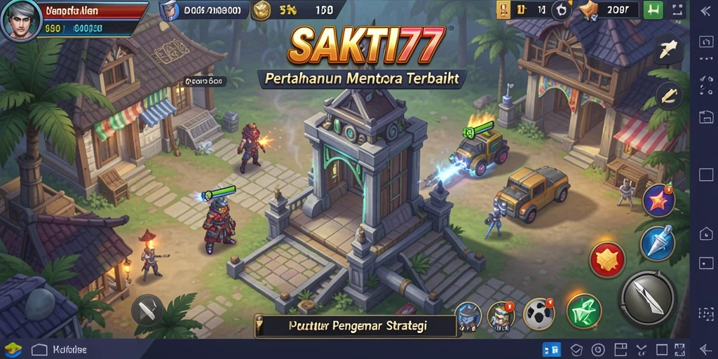 Screenshot gameplay SAKTI77 menampilkan menara dan musuh dalam pertempuran mendebarkan.