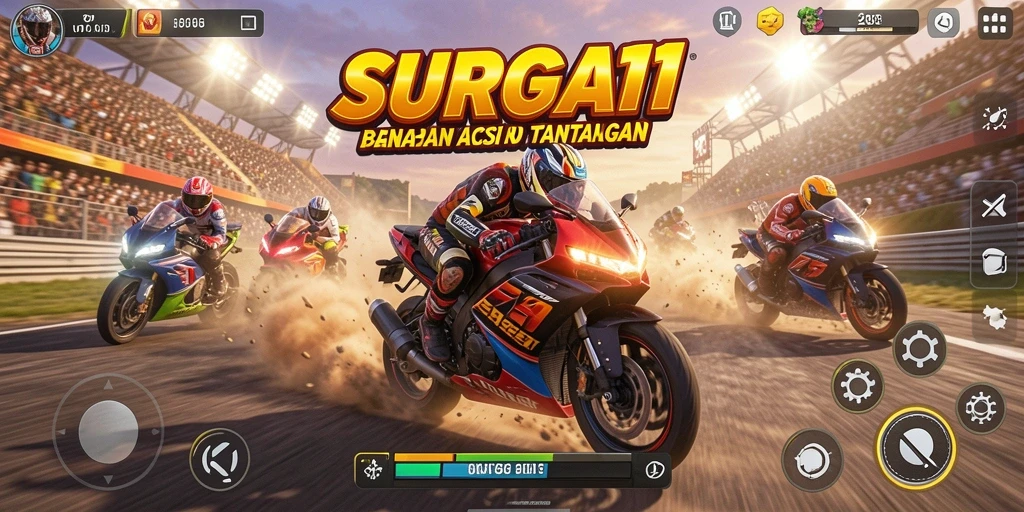 Tampilan gameplay SURGA11 yang mendebarkan dan penuh aksi balapan motor.